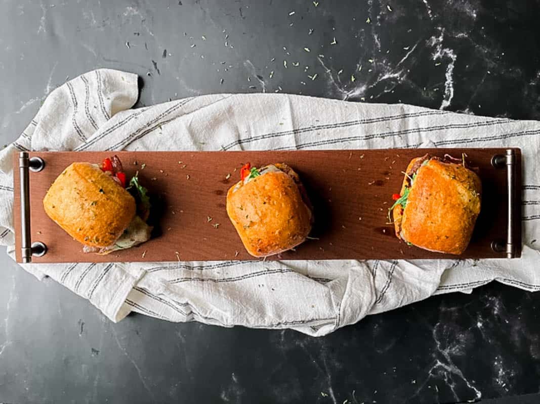 Overhead of Steak and Gruyere Sandwich with Caramelized Onion and Pepper.