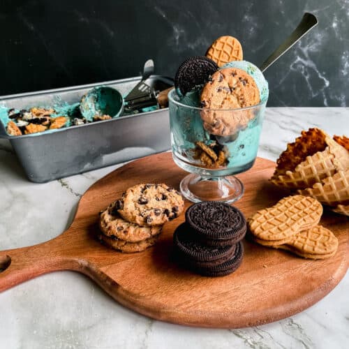 Cookie Monster Ice cream in an ice cream dish with cookies as props