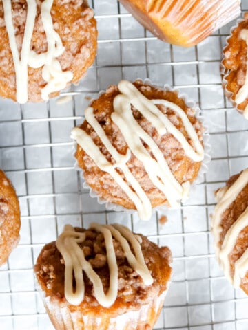 Overhead picture of several finished sourdough pumpkin muffins.