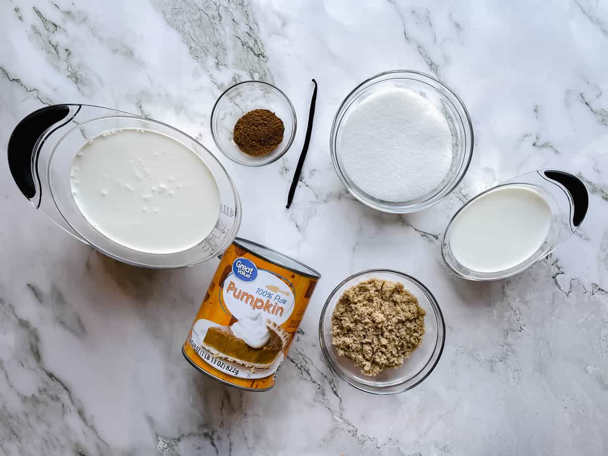 Overhead photo of ingredients for pumpkin bourbon ice cream.