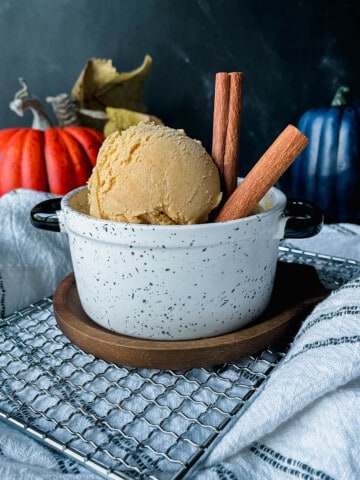 Pumpkin Bourbon Ice Cream in dish with cinnamon sticks.