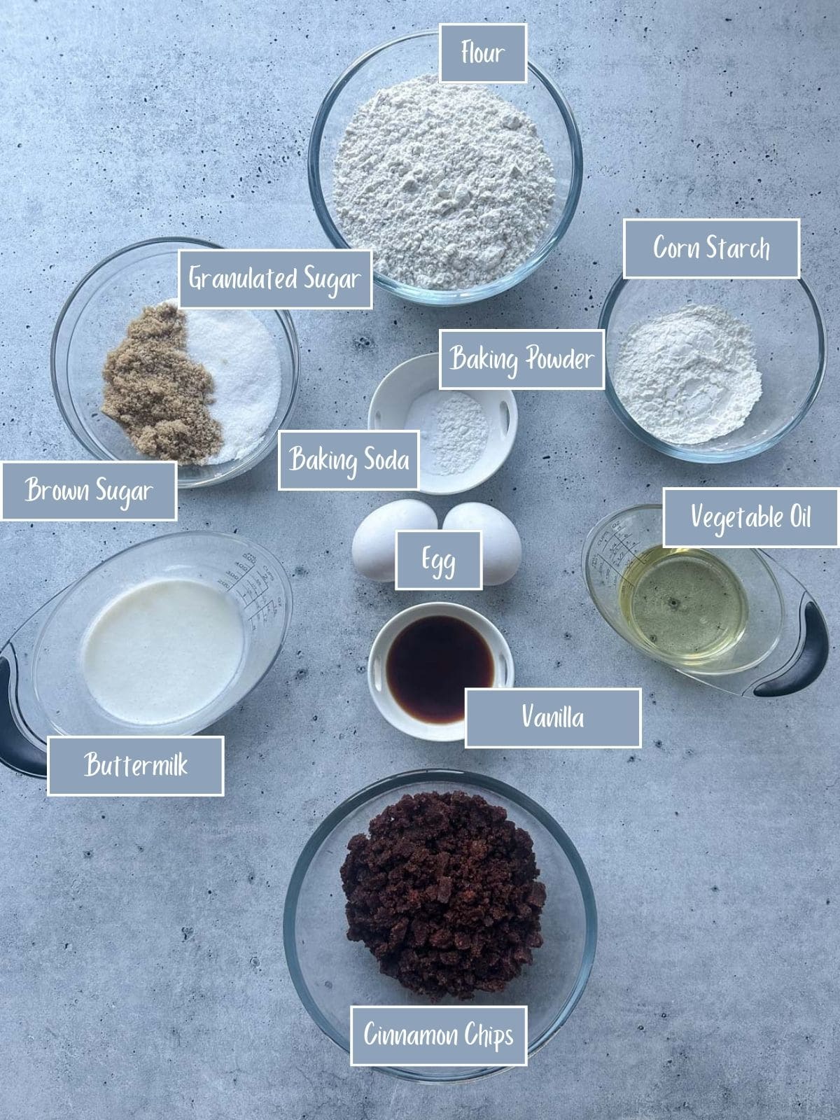 Ingredients for cinnamon chip muffins.