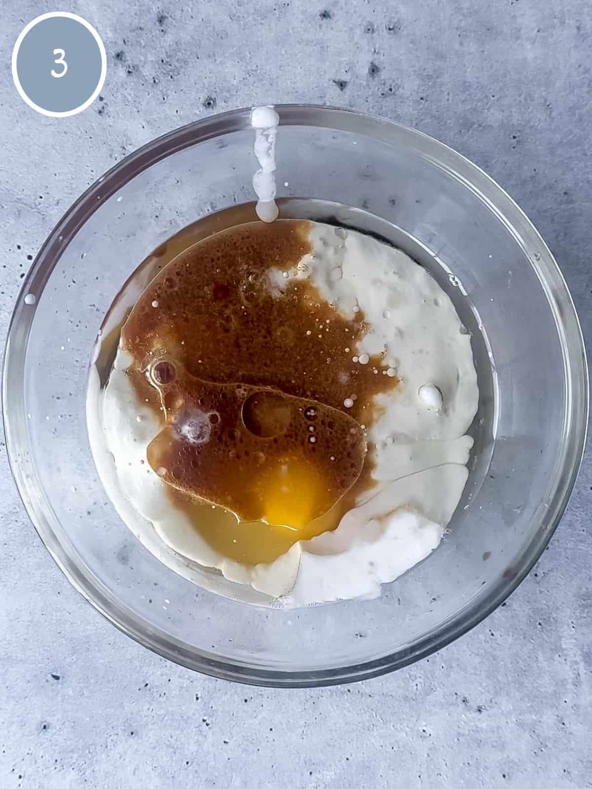 Wet ingredients in a bowl.