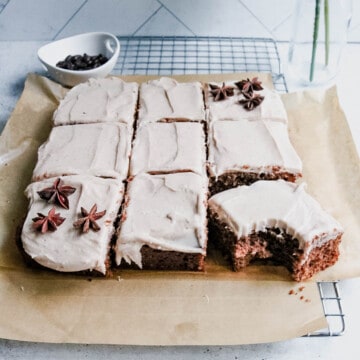 Dirty chai cake cut into pieces.