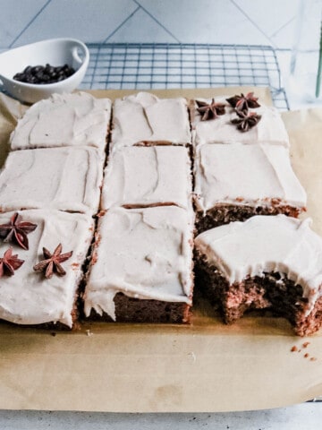 Dirty chai cake cut into pieces.