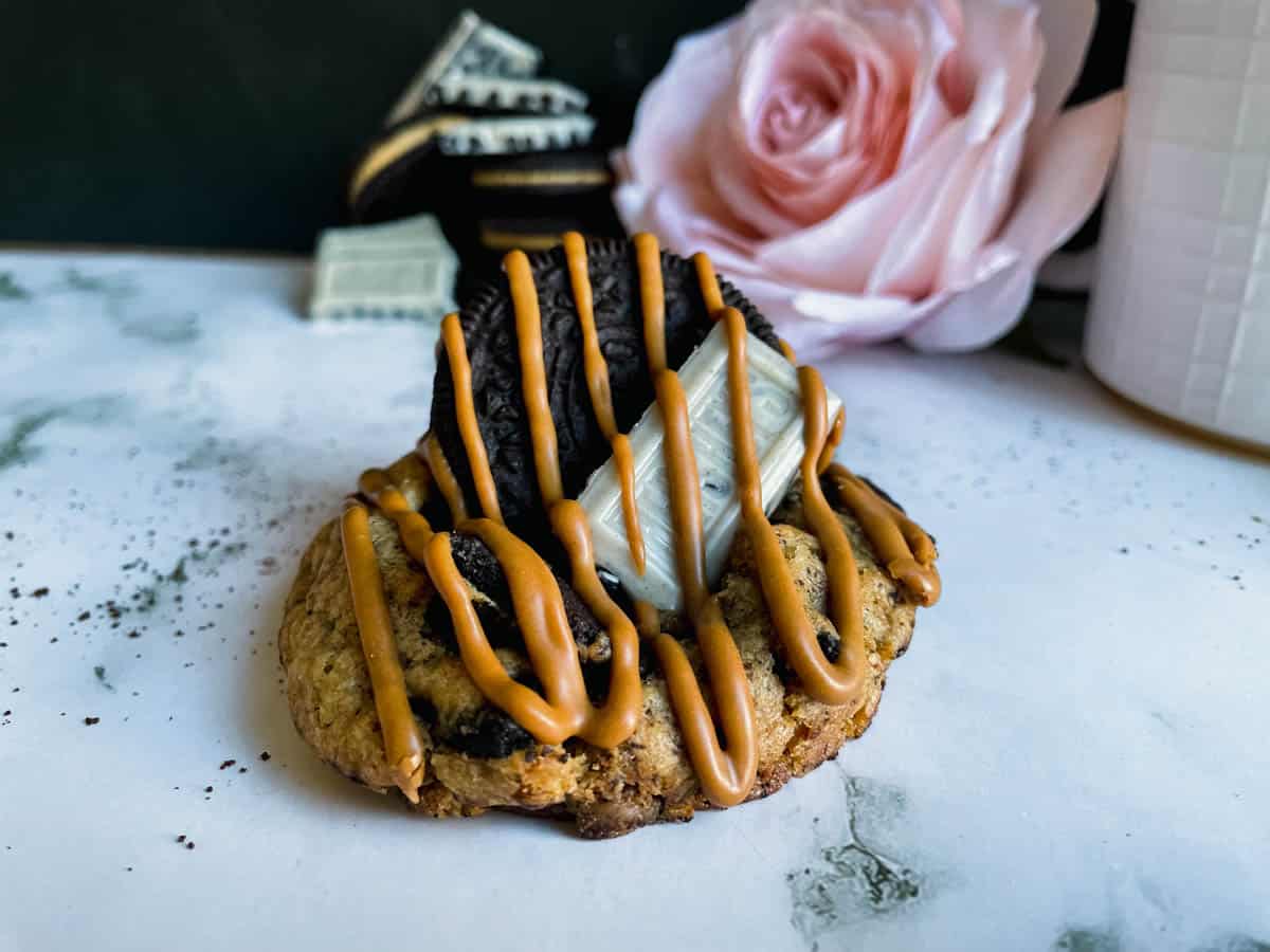 Close-up of a single espresso cookie with espresso Kahlua glaze.