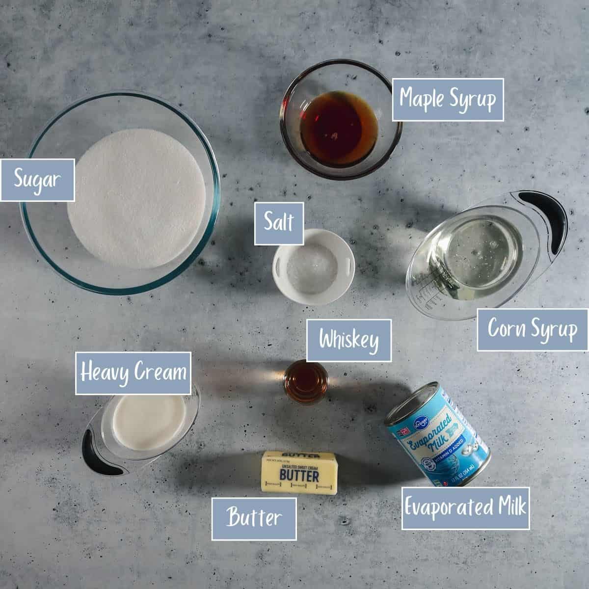 Ingredients to make whiskey salted caramels.
