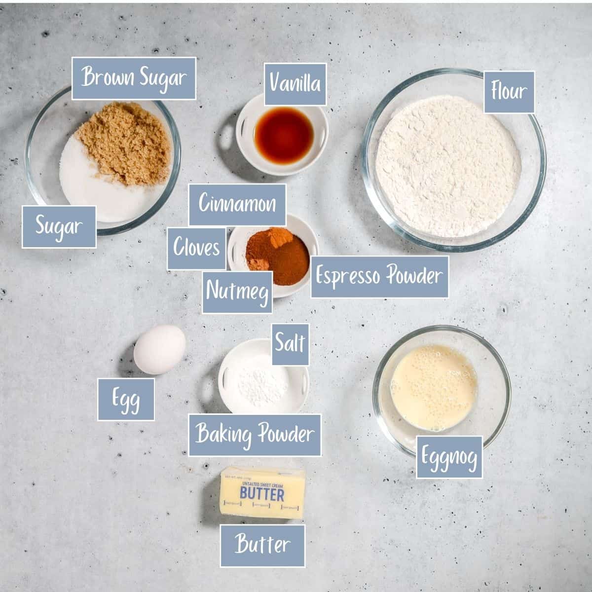 Labeled ingredients for eggnog latte cookies.