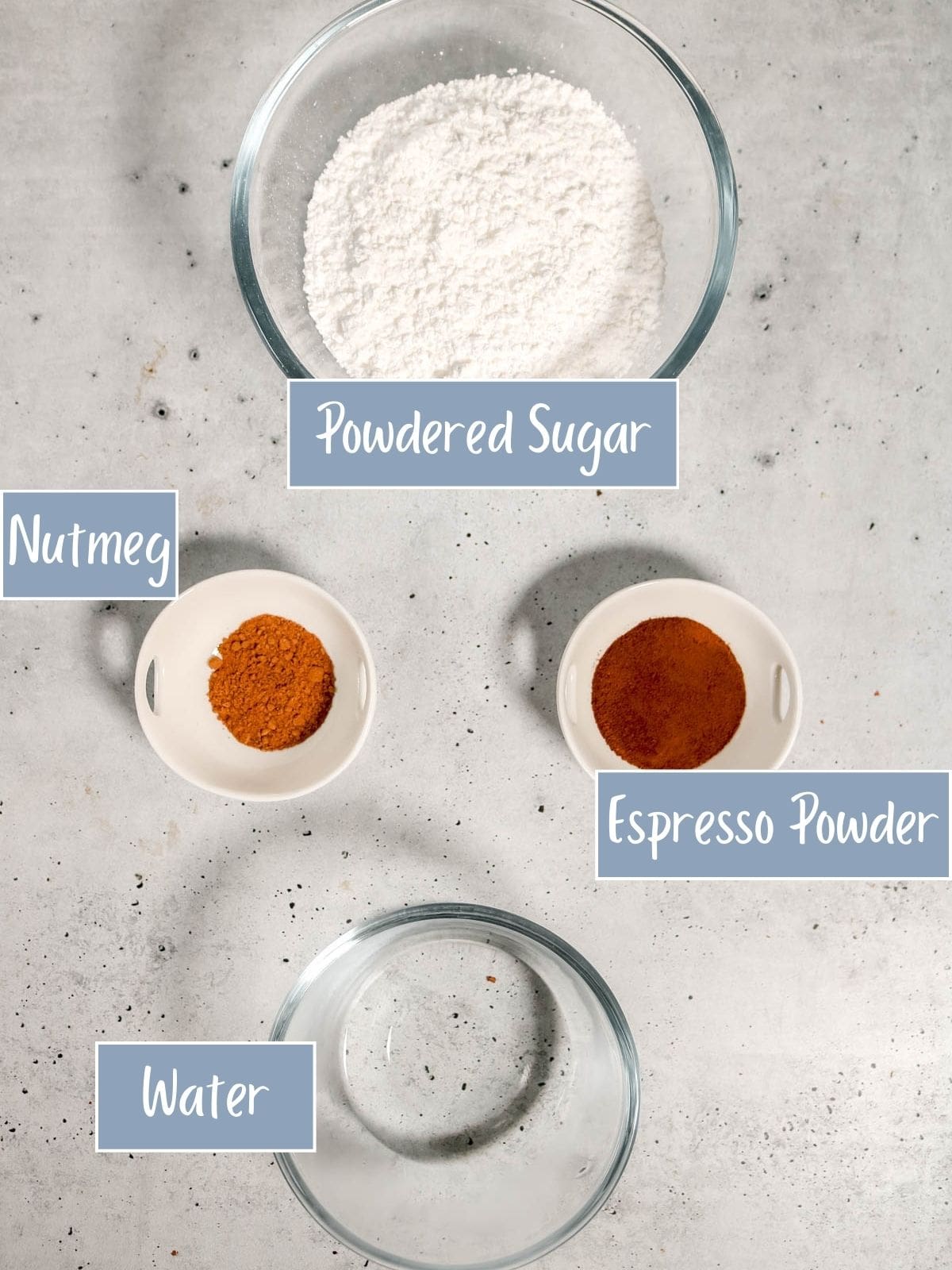 Labeled ingredients for espresso glaze.
