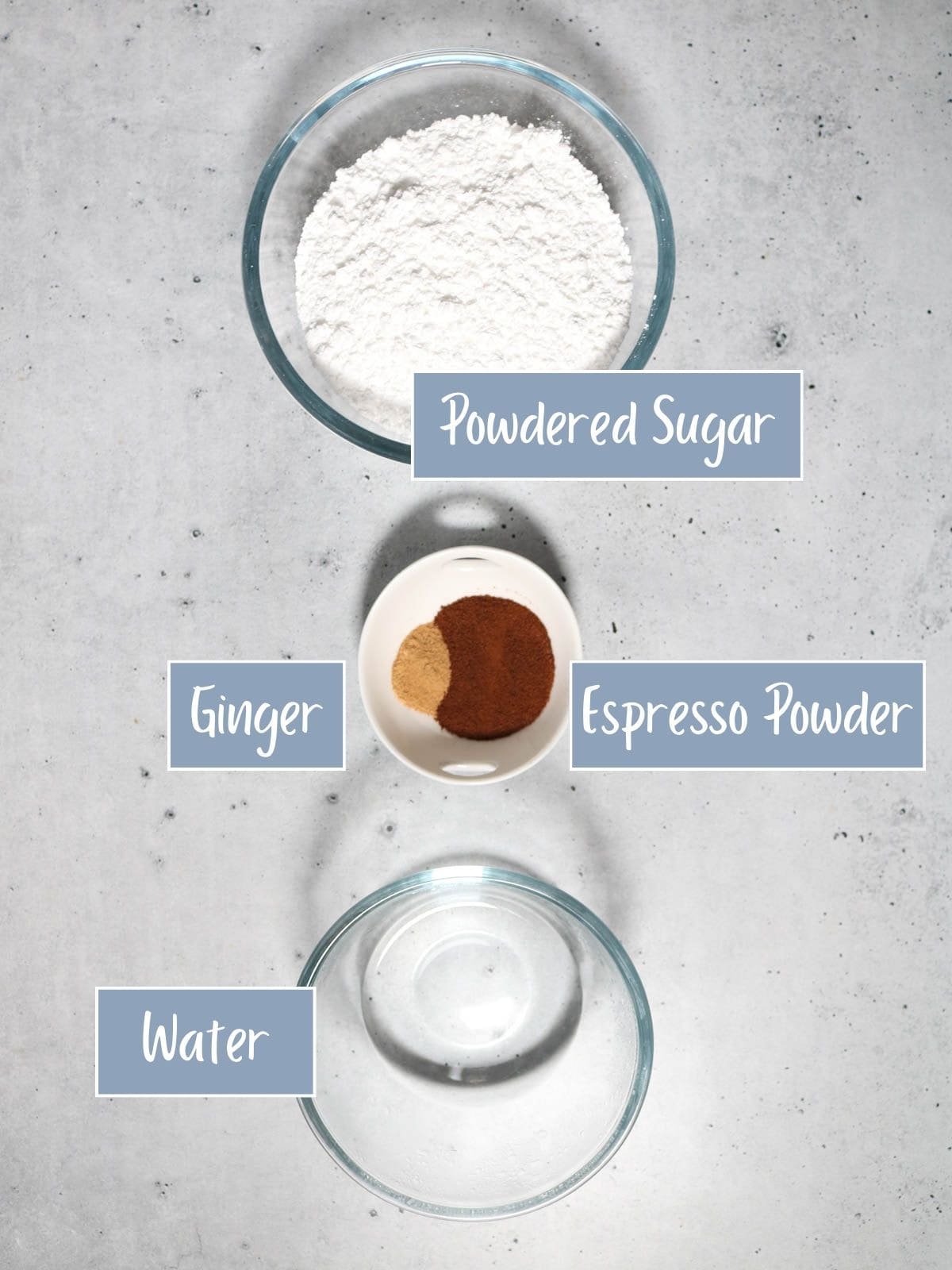 Labeled ingredients for espresso icing.