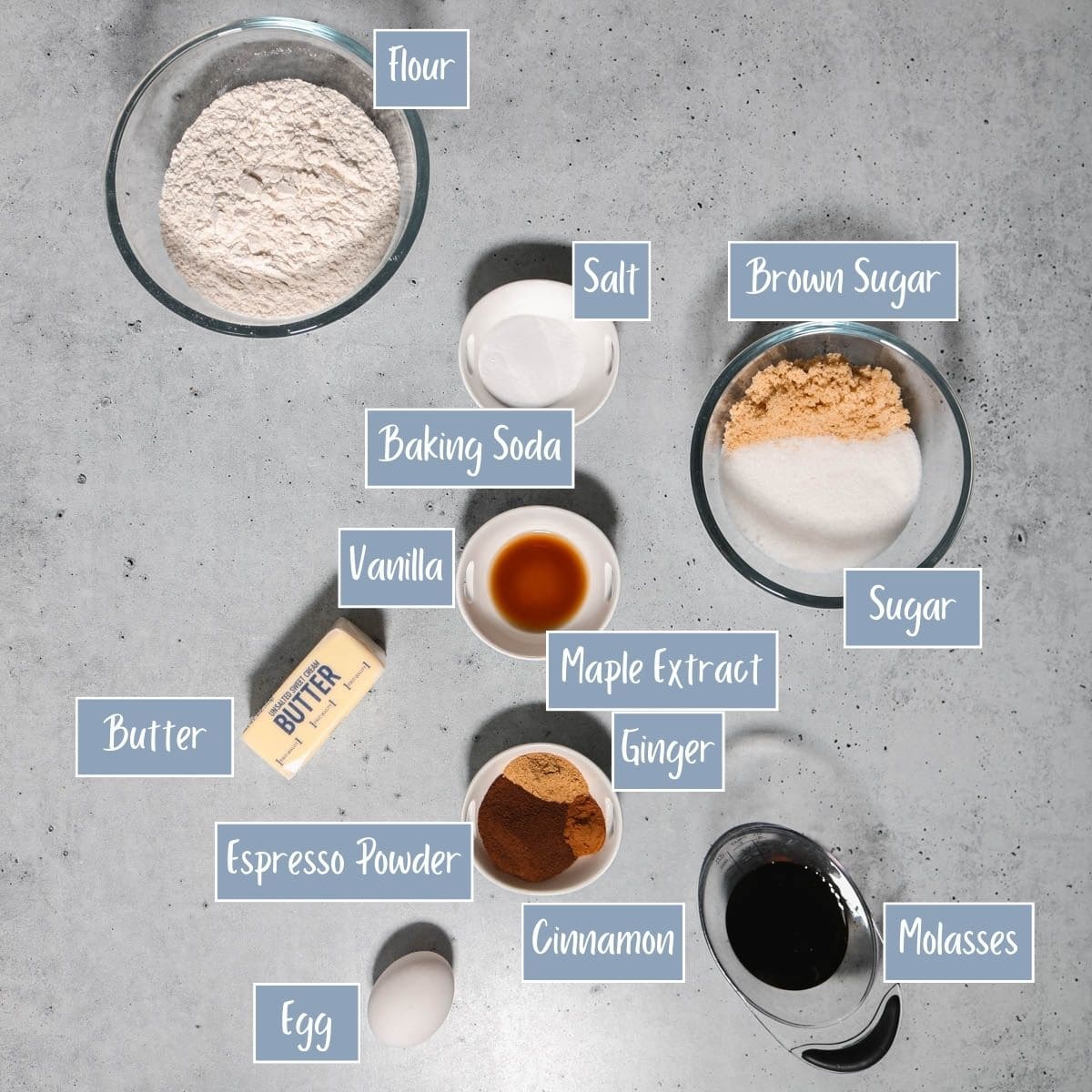 Labeled ingredients for gingerbread latte cookies.