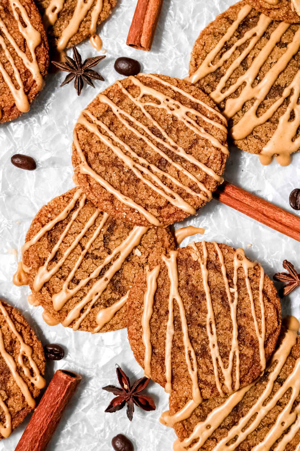 Overhead aesthetic picture of gingerbread latte cookies.