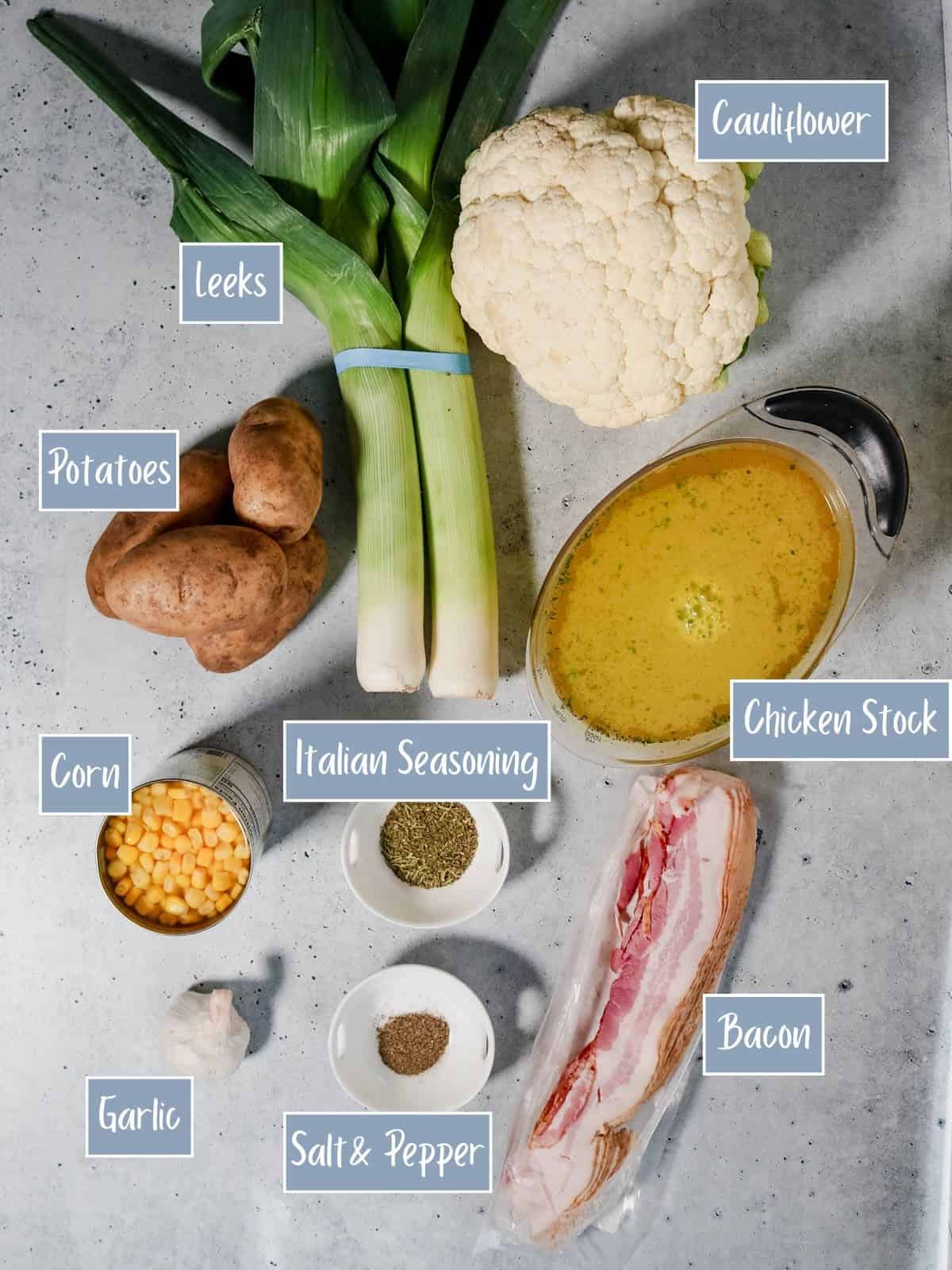 Labeled ingredients for cauliflower, leek and potato soup.