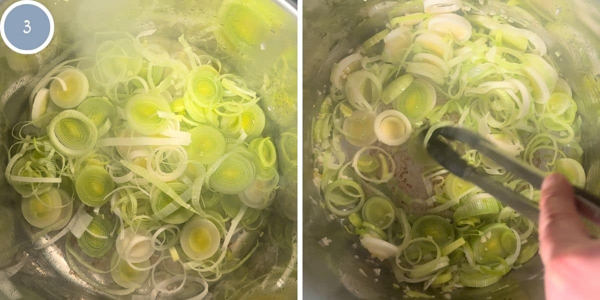 Overhead view of leeks and garlic cooking.