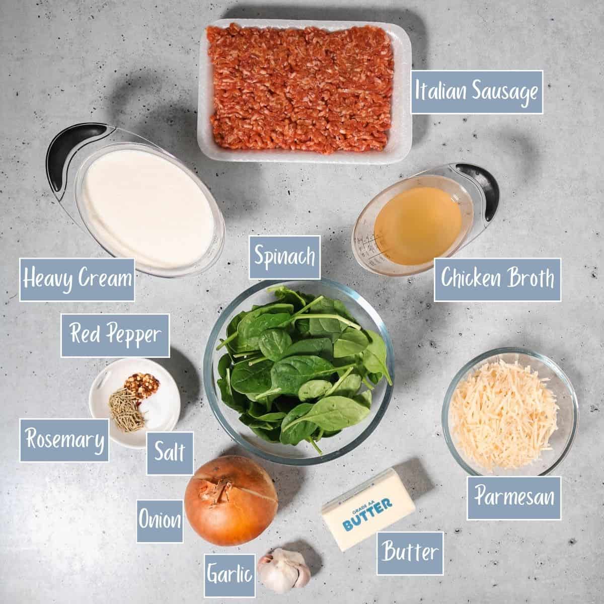 Labeled ingredients for Italian sausage cream sauce with spinach.