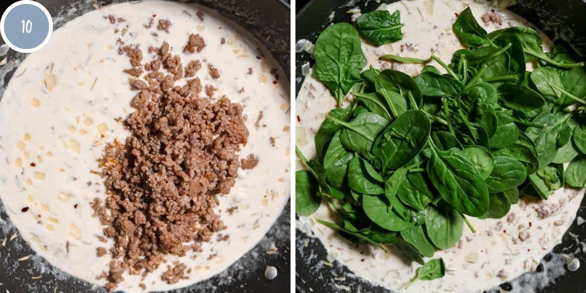 Add back the sausage and the spinach to the cream sauce.