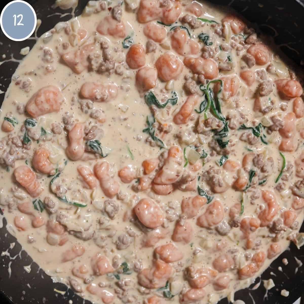 Sweet potato gnocchi combined with the Italian sausage cream sauce with spinach and parmesan.