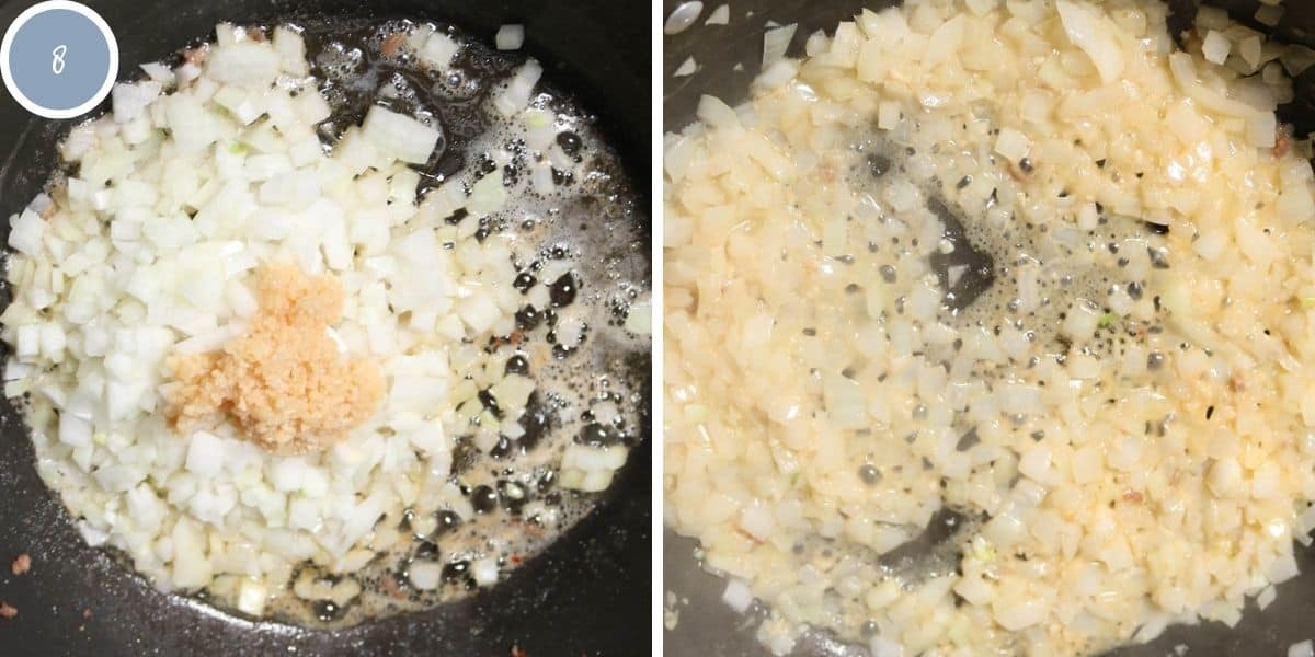 Cooking onion and garlic in butter in a large pan.