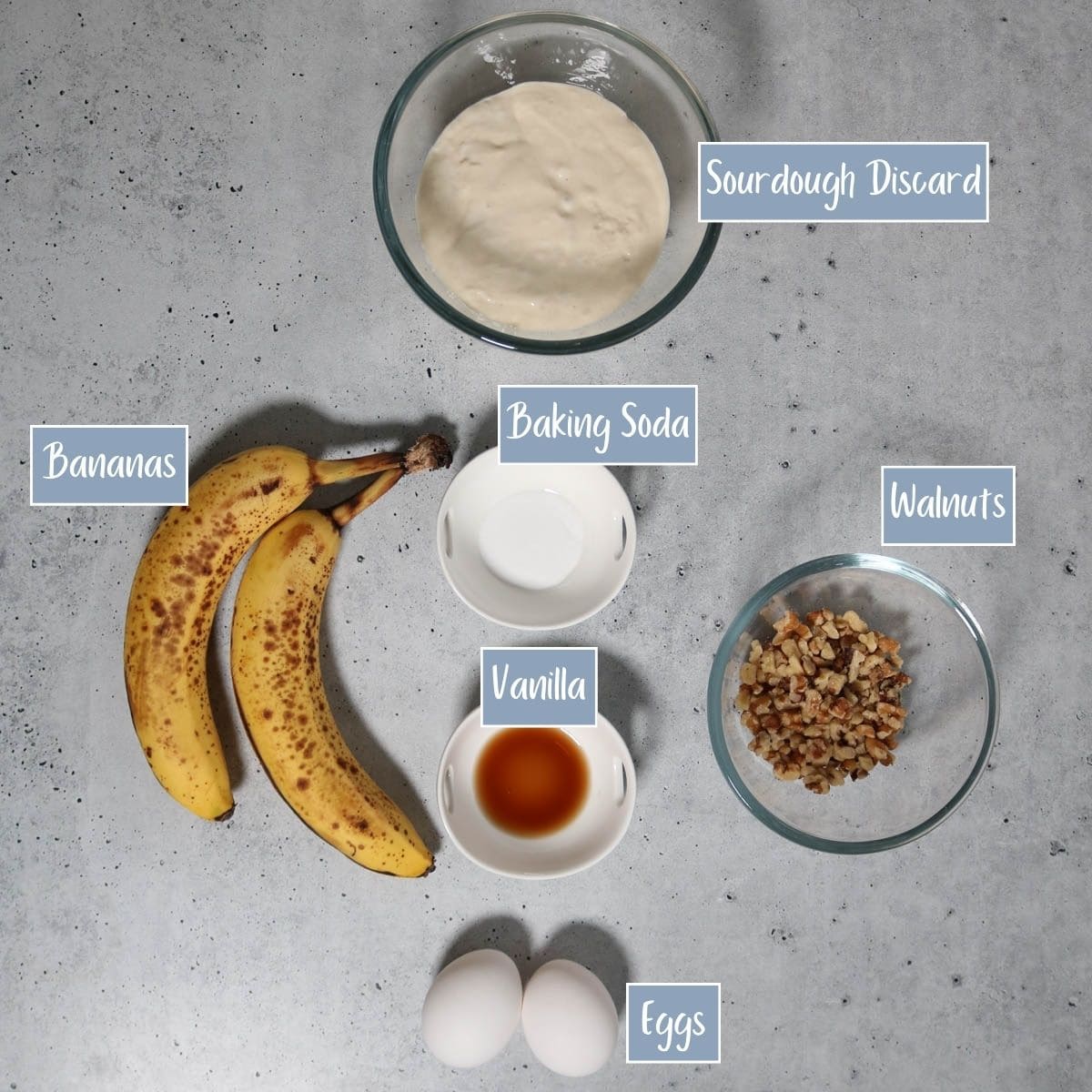 Labeled ingredients to make sourdough banana nut pancakes.