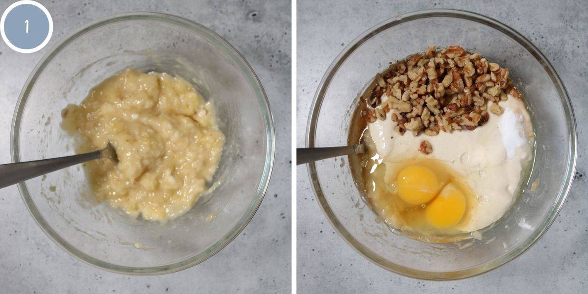 Mashing bananas and mixing ingredients for sourdough banana pancakes.