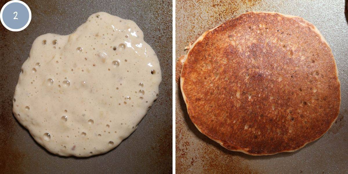 Cooking sourdough banana pancakes on a griddle.