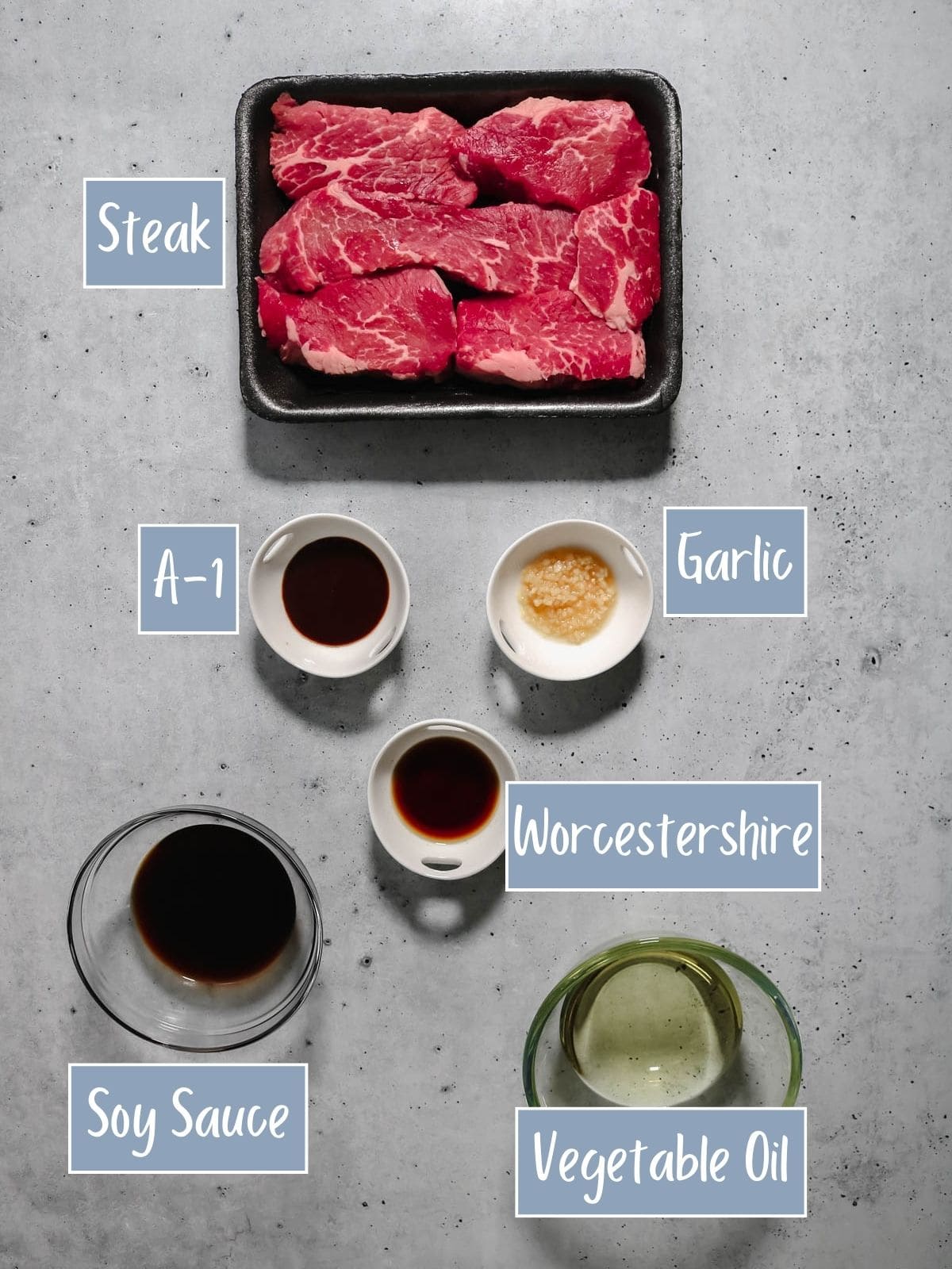 Labeled ingredients for steak marinade.