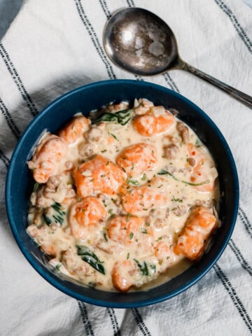 Overhead view of sweet potato gnocchi in a bowl.