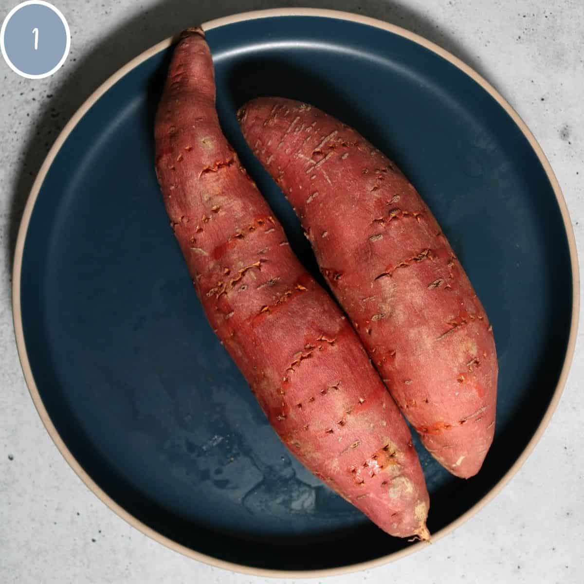 Sweet potatoes pricked with a fork and microwaved.