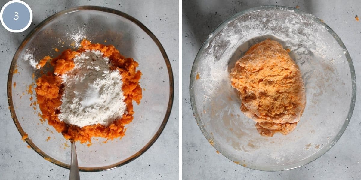 Mixing the sweet potato, flour, and salt to make gnocchi dough.