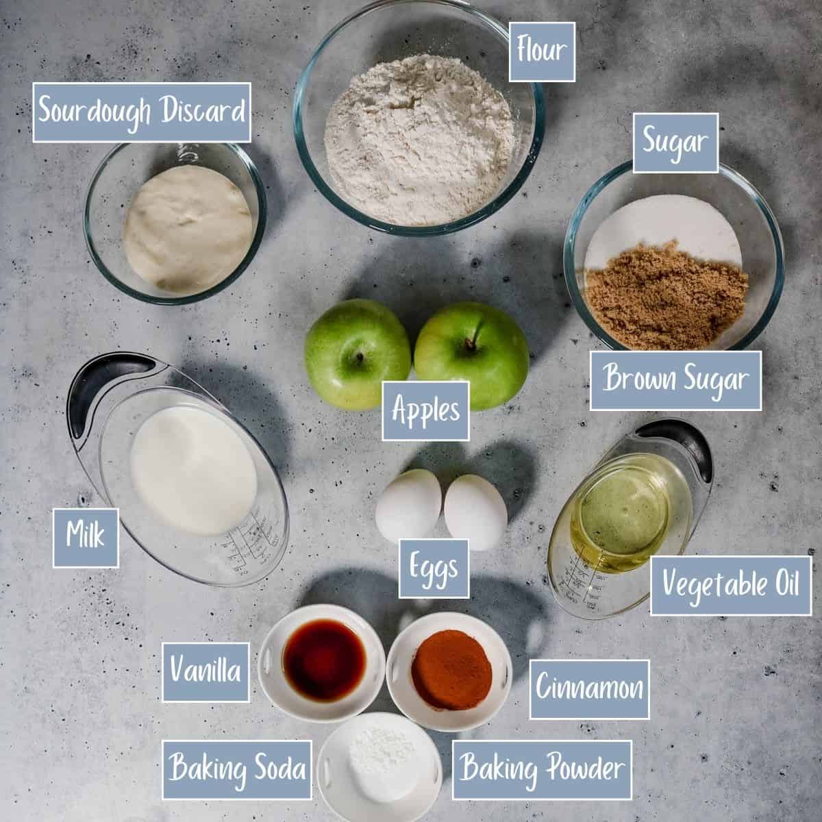 Labeled ingredients for apple sourdough muffins.