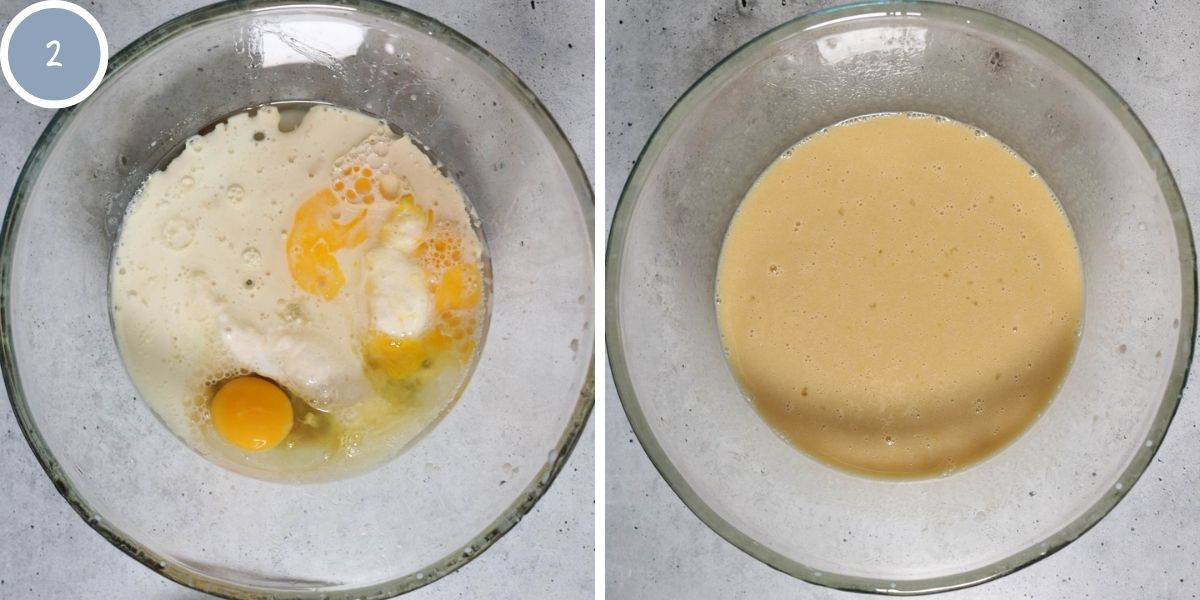 Wet ingredients in a bowl before and after being mixed.