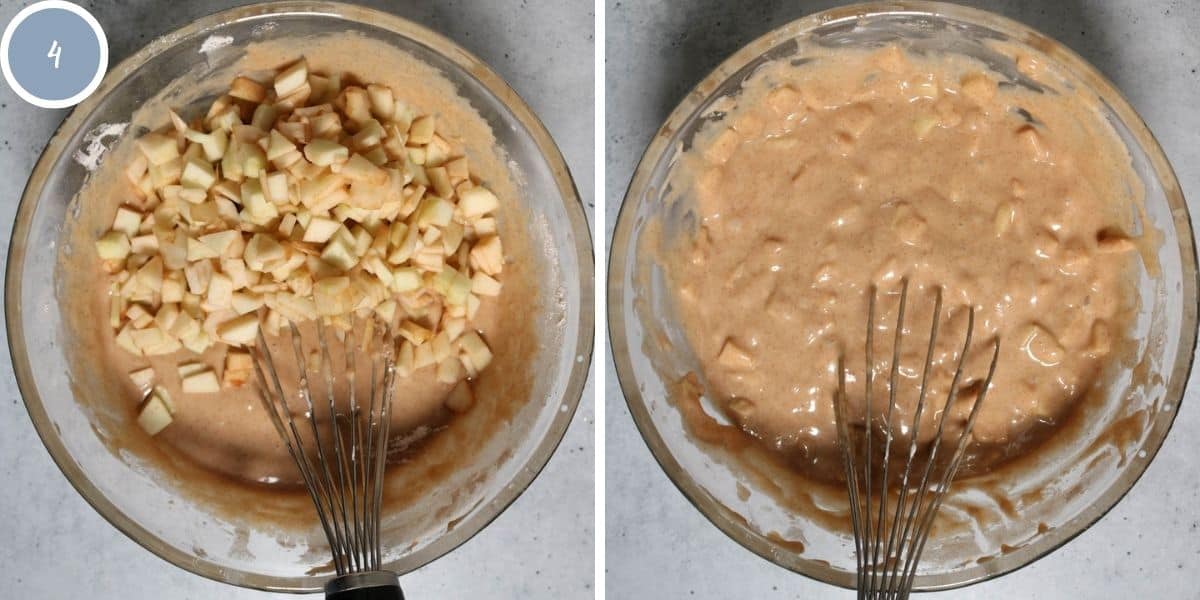 Muffin batter with apples added in before mixing and after mixing.