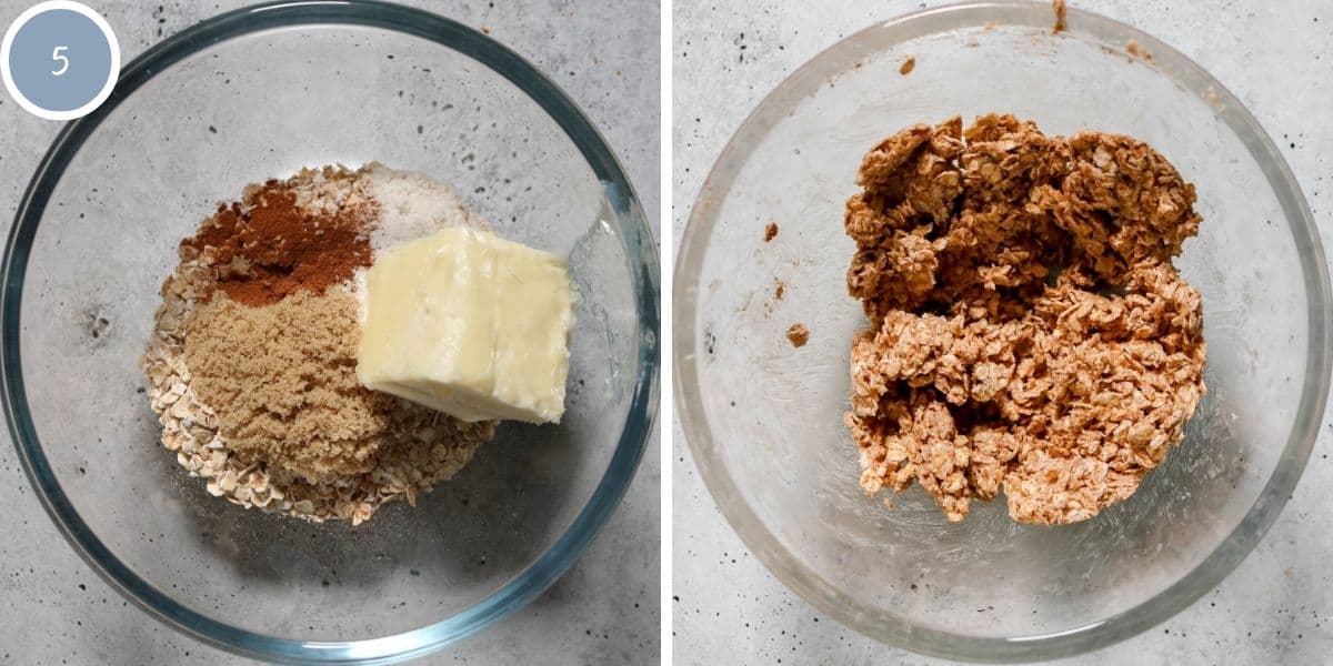 Ingredients for oat crumble topping before being mixed and after being mixed.