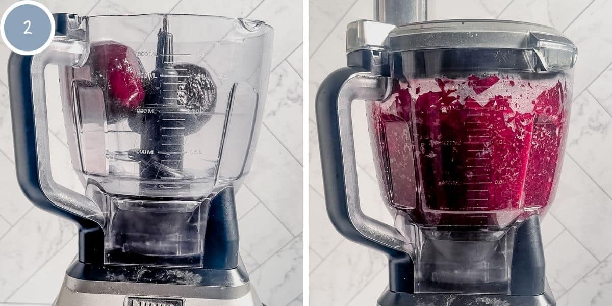 Beetroot in a food processor before and after being blended.