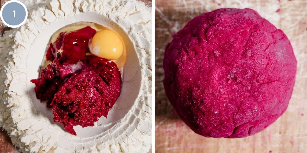 Beetroot ravioli dough before being kneaded together and after being kneaded together.