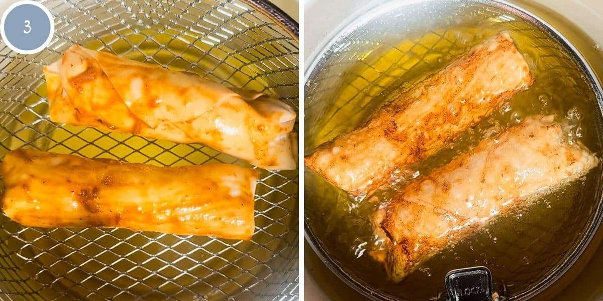 Birria egg rolls before and after being fried.