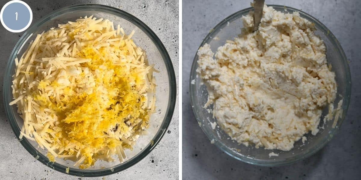 Lemon ricotta filling ingredients in a mixing bowl before and after being mixed.