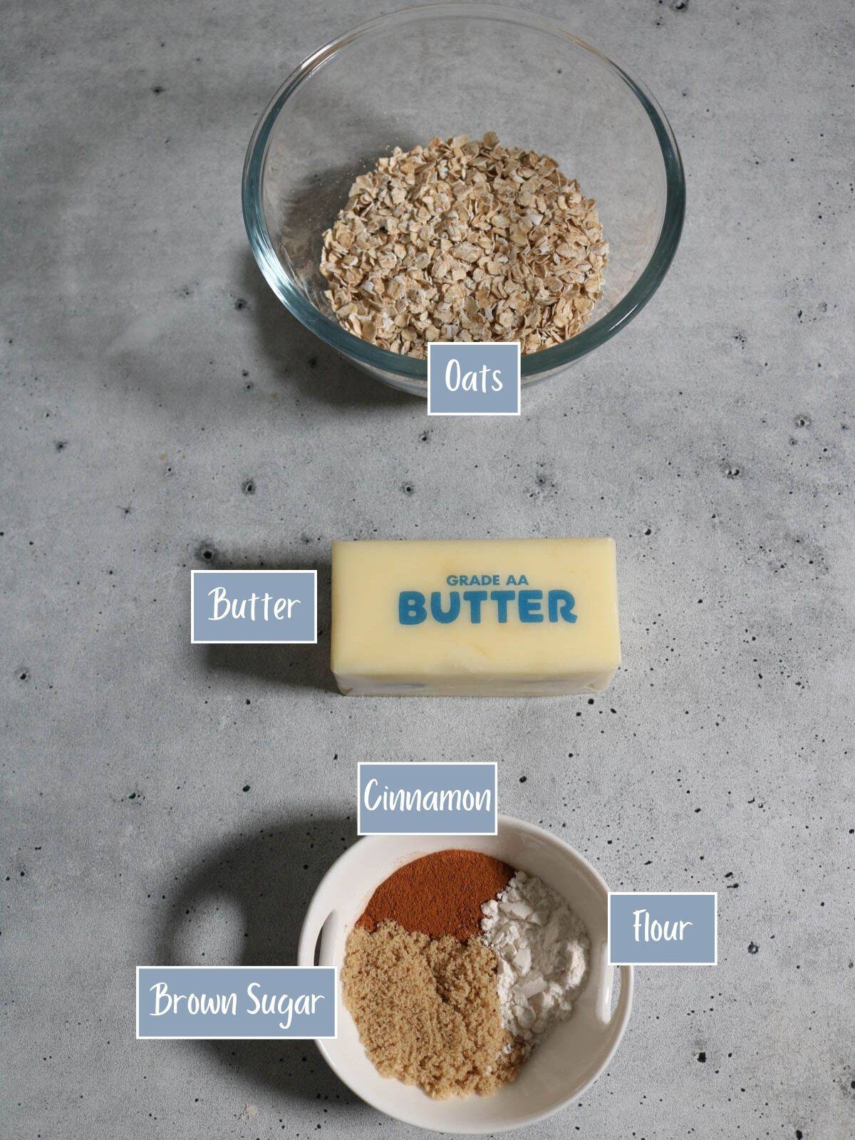 Labeled ingredients for the oat crumble topping.