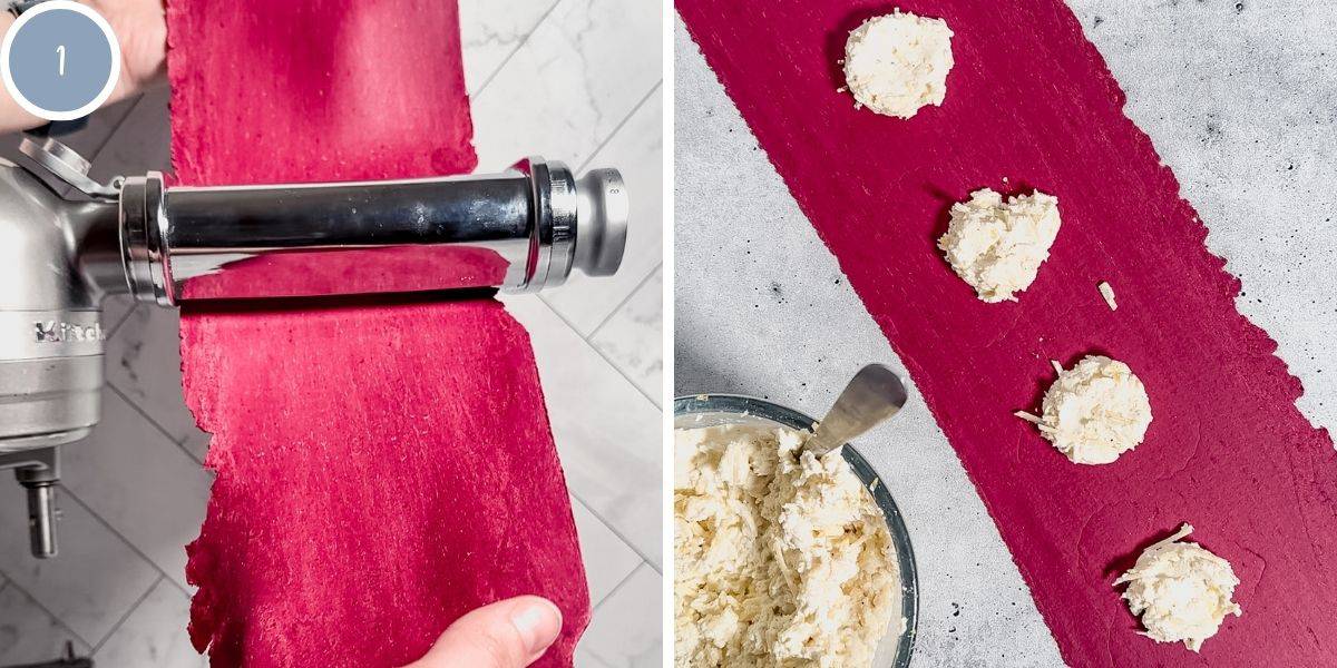 Photo of dough being ran through the pasta sheeter and lemon ricotta filling being placed on the dough.