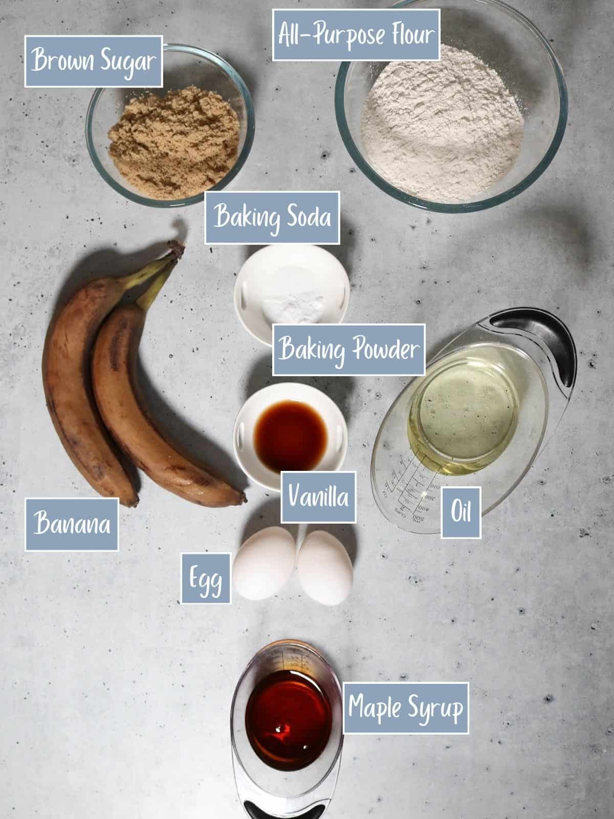 Labeled ingredients for banana bread.