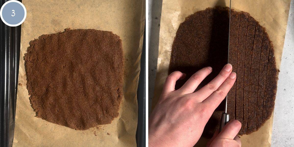 Placing chai chip mixture on cookie sheet and cutting it into pieces.