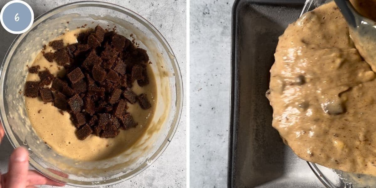 Adding chai chips to batter and then adding adding mixture to bread pan.