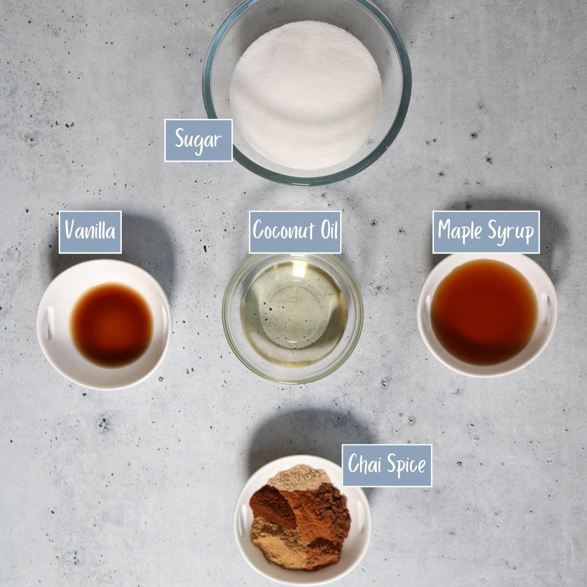Labeled ingredients for chai chips.