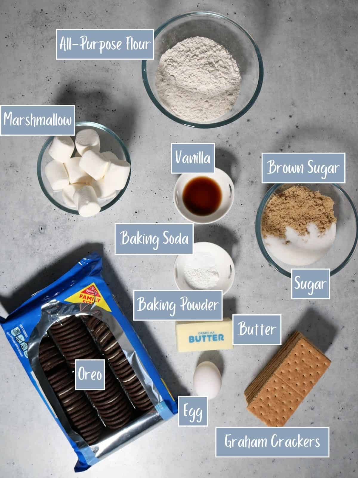 Labeled ingredients for making S'moreo cookies.