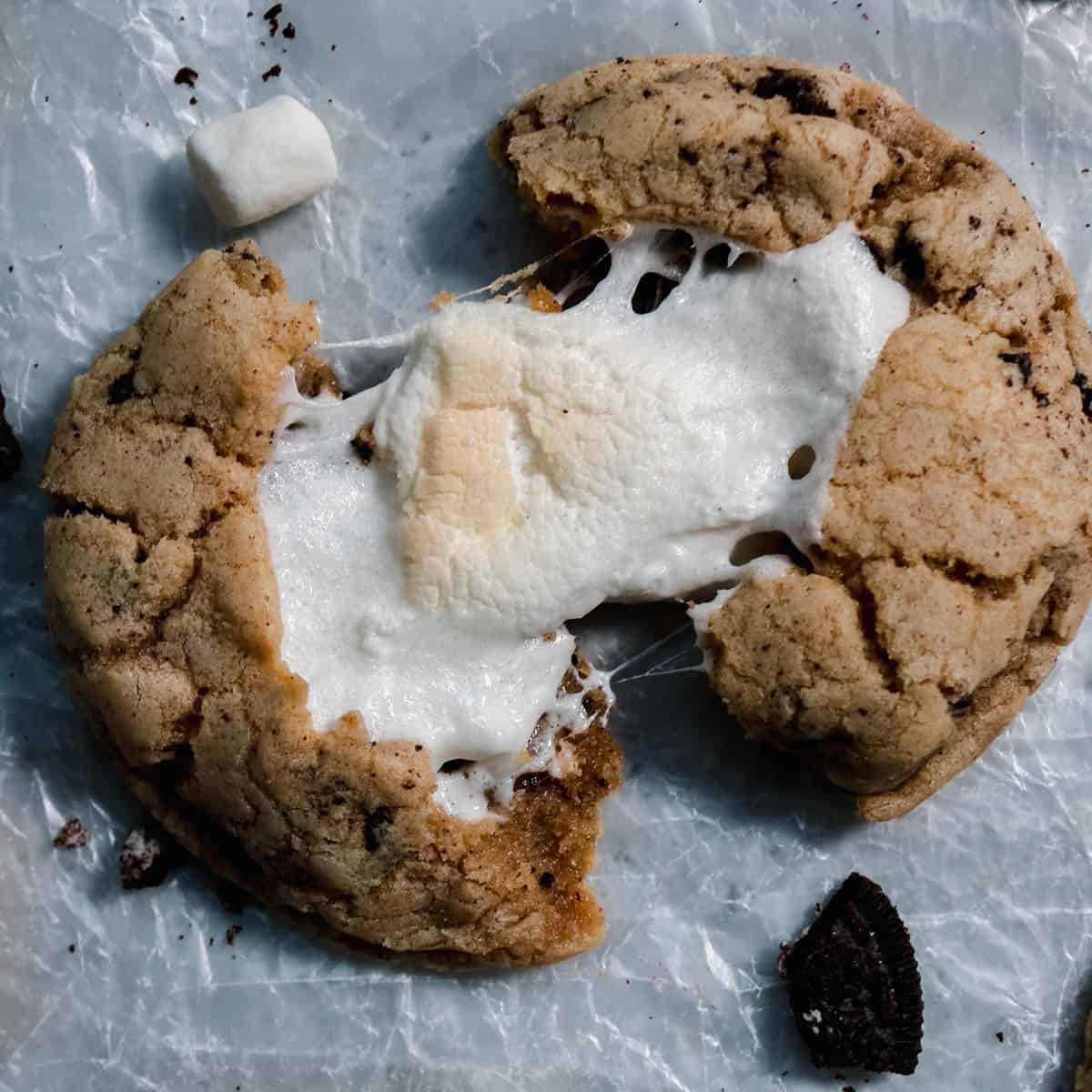 S'moreo cookie being pulled apart.