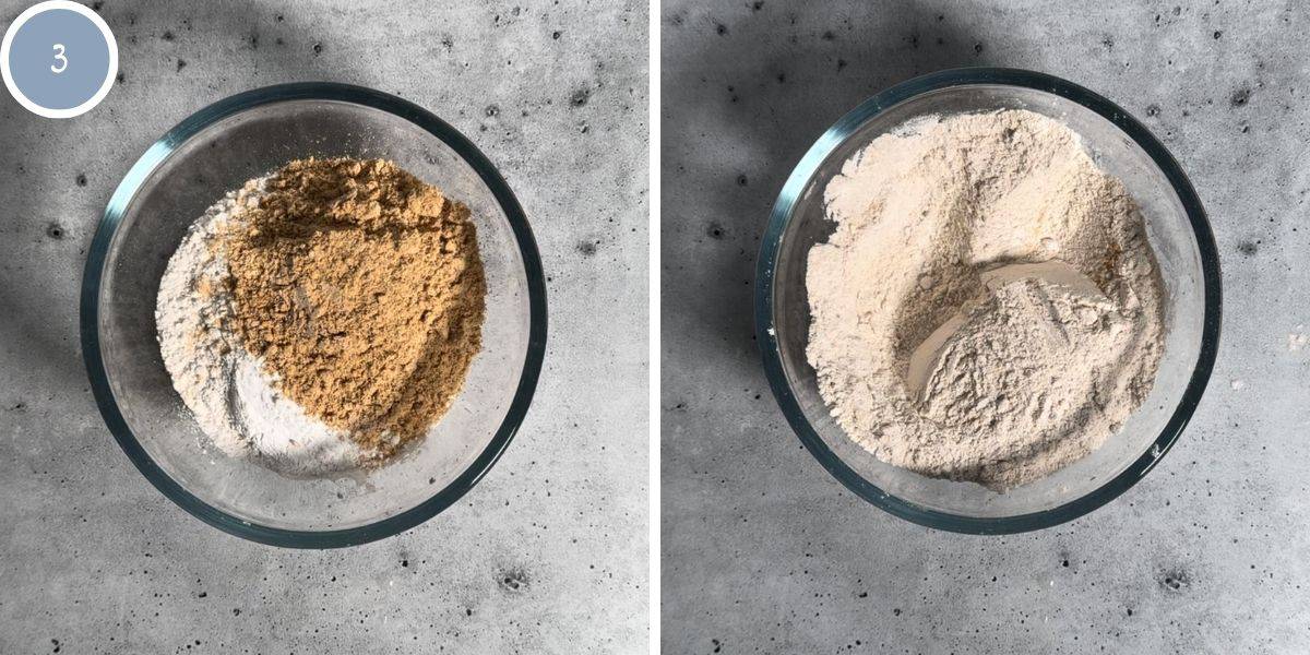 Dry ingredients in a bowl before and after being sifted together.