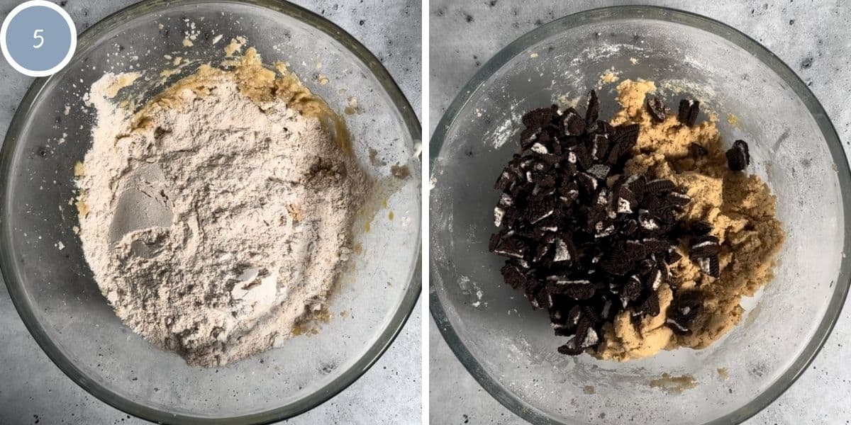 Adding the dry ingredients to the dough and adding the Oreos to the dough.