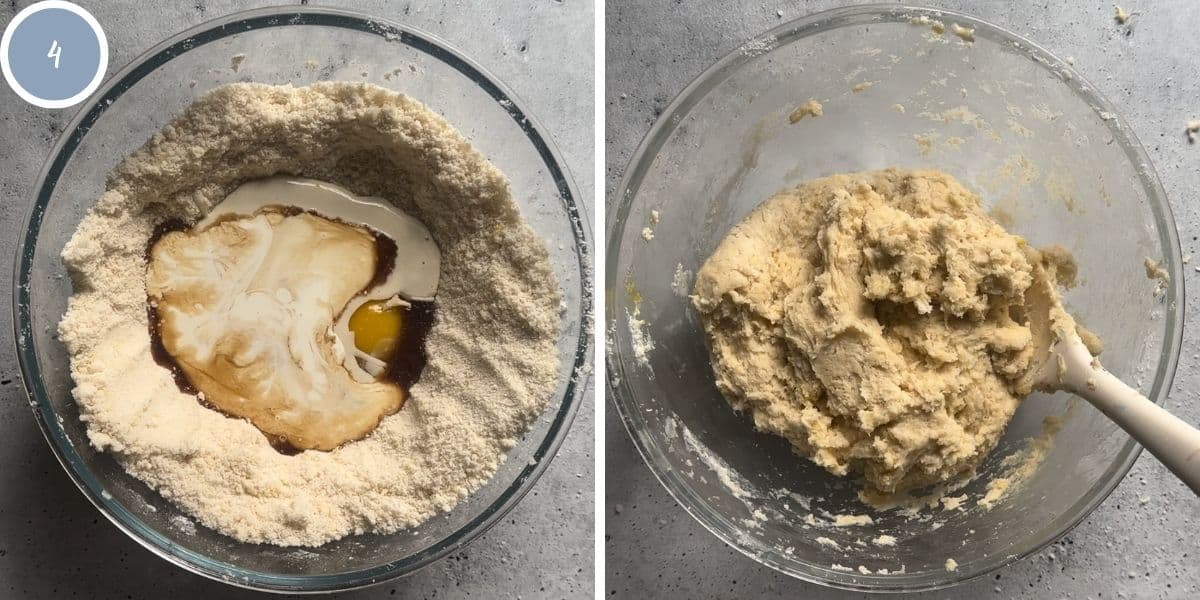 Adding wet ingredients to the scone dough.