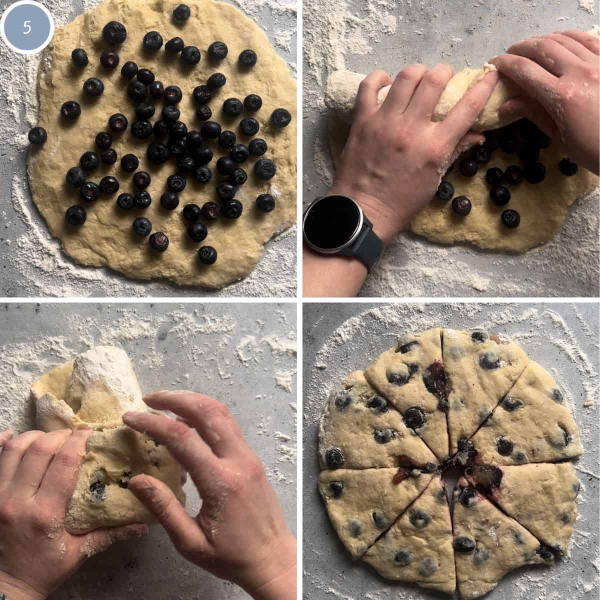 Adding blueberries to the scone dough and cutting the dough into wedges.