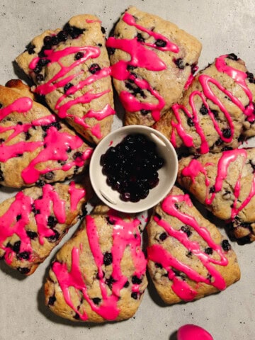 Baked and frosted huckleberry scones.